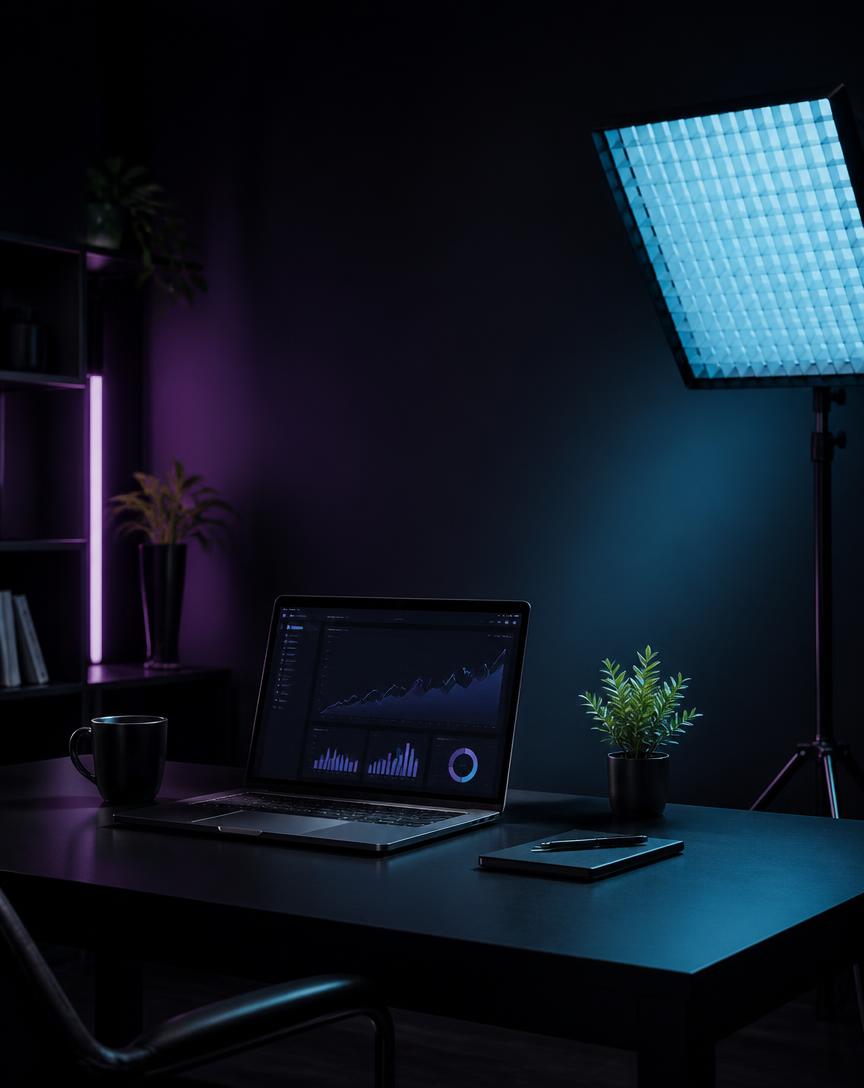 Escritorio de estudio oscuro con laptop mostrando dashboard de crecimiento, luces cyan y violeta